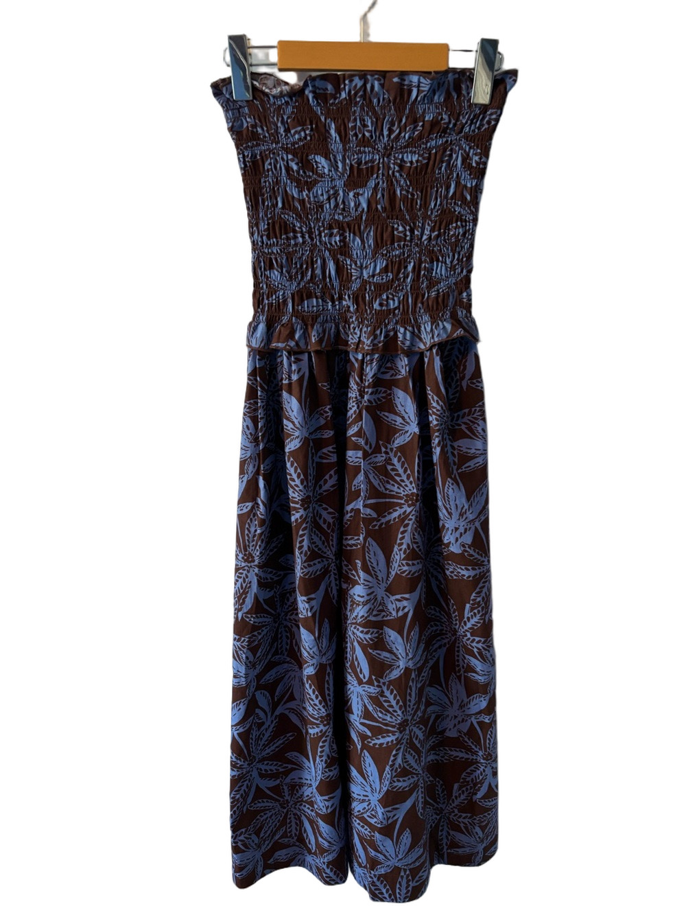 Band Of The Free Smocked Strapless Maxi Dress S Leaf Print Botanical Pockets